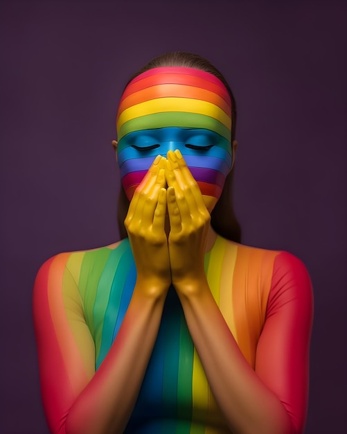 A woman with a rainbow painted face and a face covering her face.