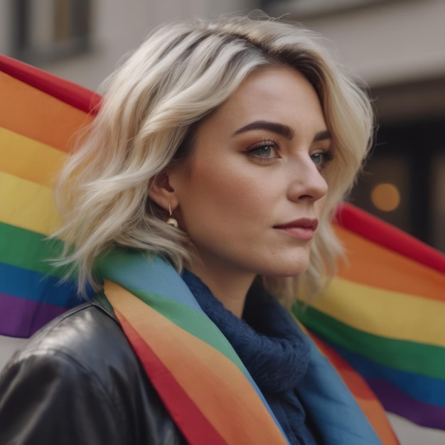 Photo a woman with a rainbow scarf around her neck