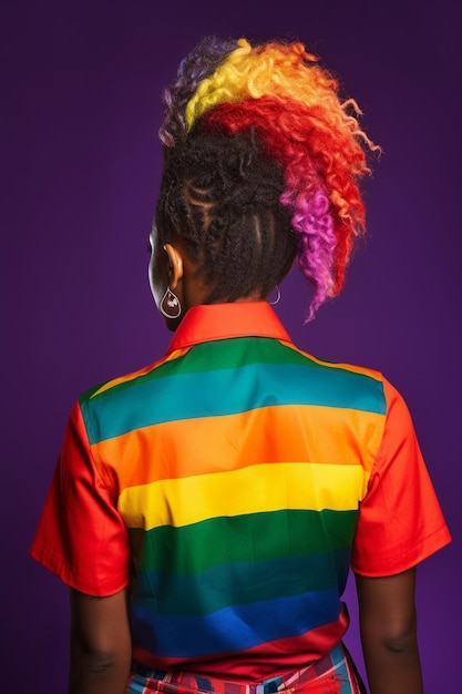 A woman with a rainbow shirt on