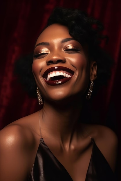 A woman with a red background and a black dress that says black beauty.