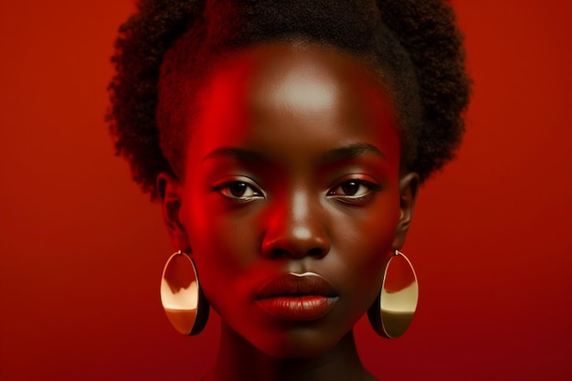 A woman with a red background and a red background