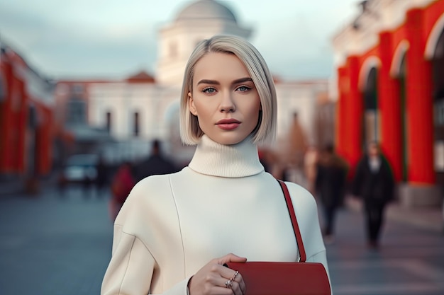 A woman with a red bag on her shoulder stands on a city street.