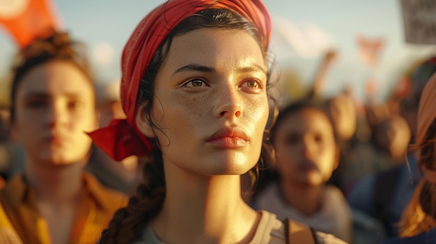 a woman with a red bandana around her head