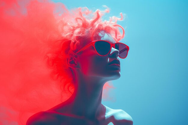 a woman with red and blue smoke in her hair