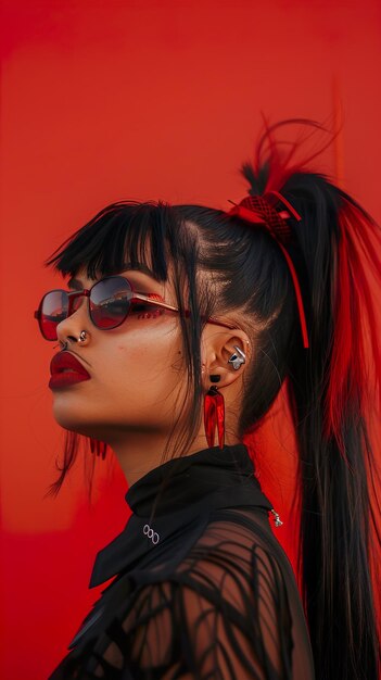 a woman with a red bow and sunglasses is posing for a photo