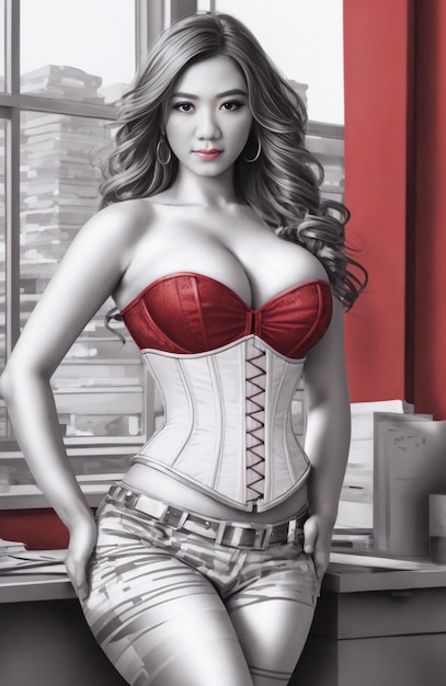 a woman with a red bra and a red bra on her waist