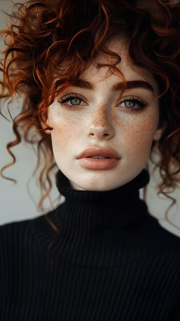 A woman with red curly hair freckles black turtleneck sweater and green eyes