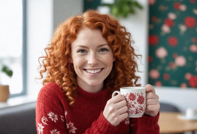 a woman with red curly hair holds a mug with a white and red design