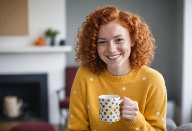 a woman with red curly hair is smiling and holding a coffee mug