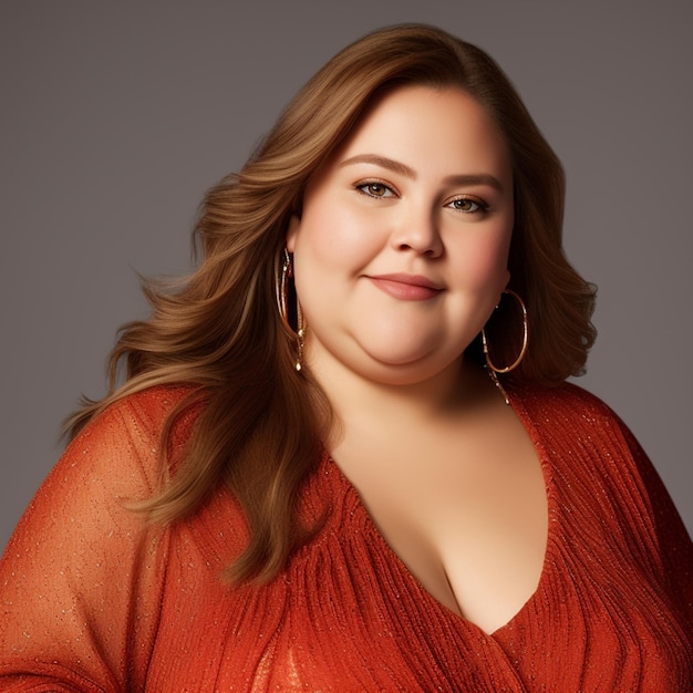 A woman with a red dress and gold hoops smiles.