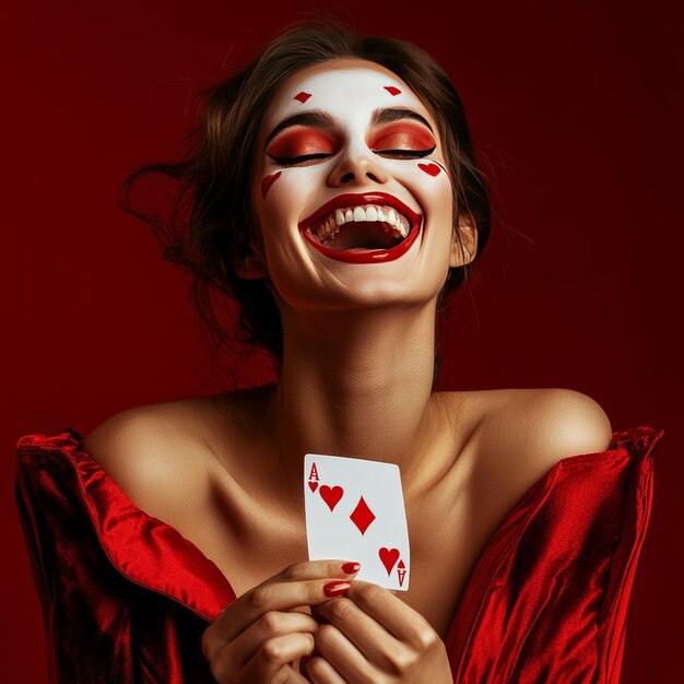 Photo a woman with a red dress that says playing cards