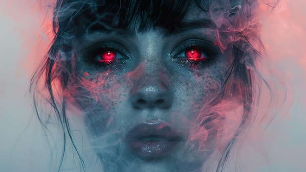 a woman with red eyes and a glowing eyes