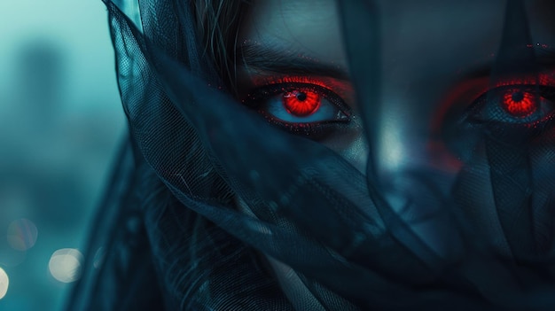 Woman with red eyes mysterious and a sinister black transparent veil wallpaper AI generated image