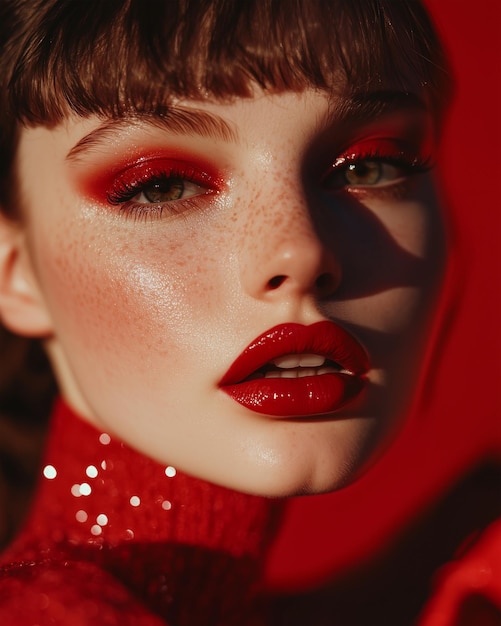 Photo a woman with red eyes and a red dress with freckles on her face