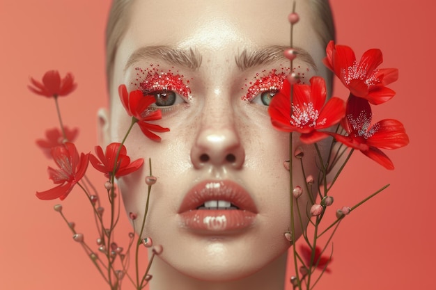 a woman with red eyes and a red flower in the foreground