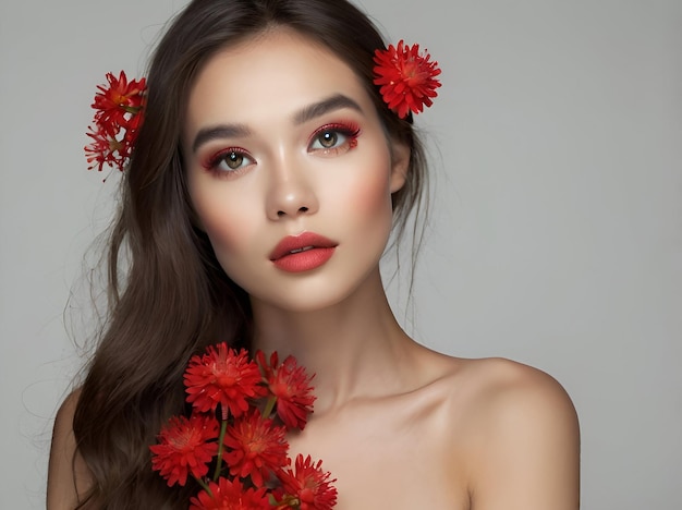 A woman with red eyes and a red flower in her hair