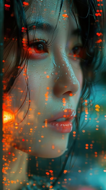 a woman with red eyes and a red light behind her face