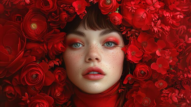 a woman with red eyes and red lips is surrounded by red roses