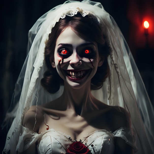 a woman with red eyes and a white veil has eyes