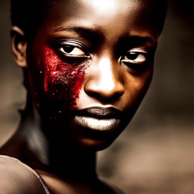 A woman with a red face paint and a black face with a red spot on the left side.