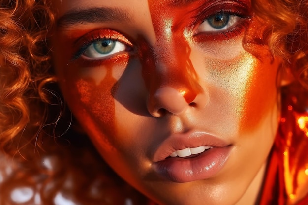 A woman with a red face paint and a bright orange face.