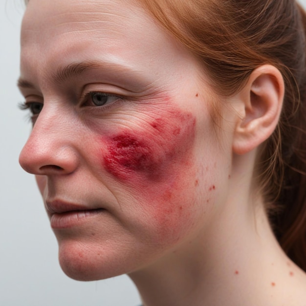 a woman with a red face with a black spot on her face