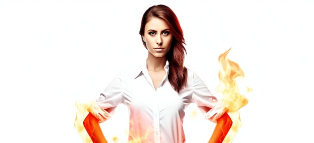 A woman with red fire extinguisher on her shirt