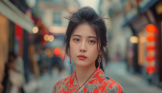 a woman with a red floral top and a red floral top is standing in front of a blurry background