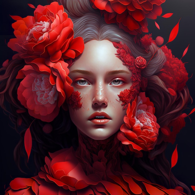 A woman with red flowers on her face is shown.