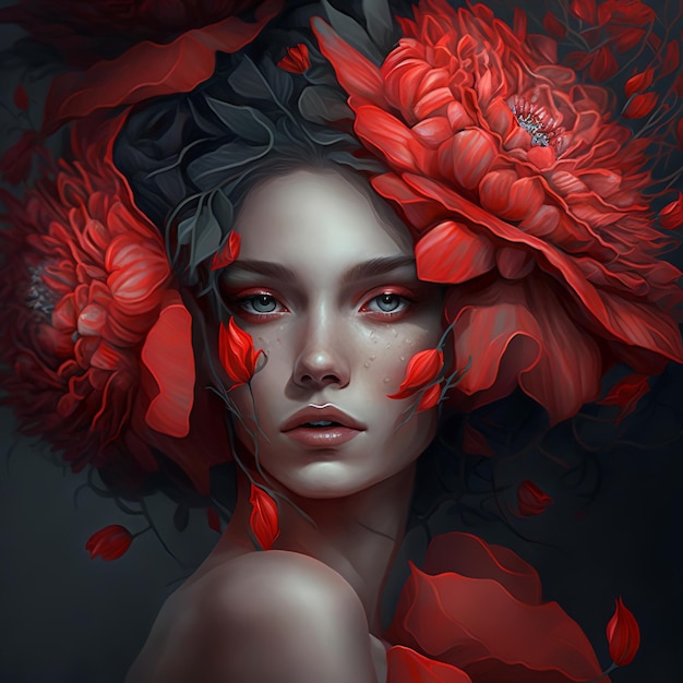 A woman with red flowers on her face