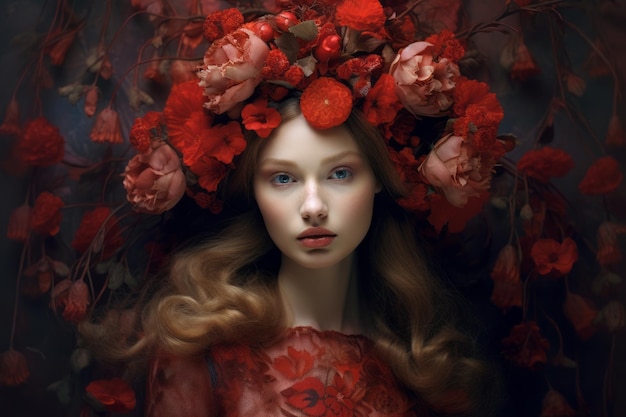 A woman with red flowers on her head