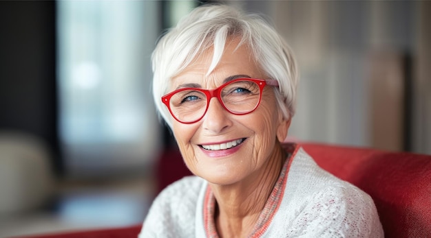 A woman with red glasses and grey hair smiles at the camera.