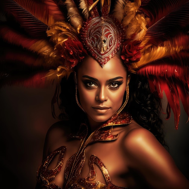 A woman with a red and gold headdress and a red and gold headdress.