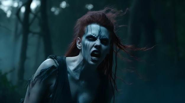 A woman with red hair and a black face is screaming in the dark.