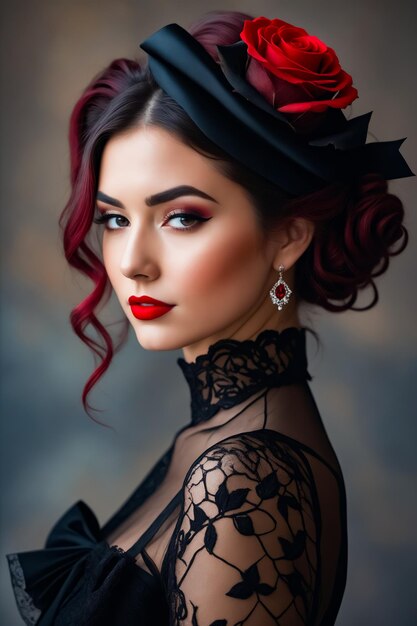 A woman with red hair and a black hat with a red rose on it