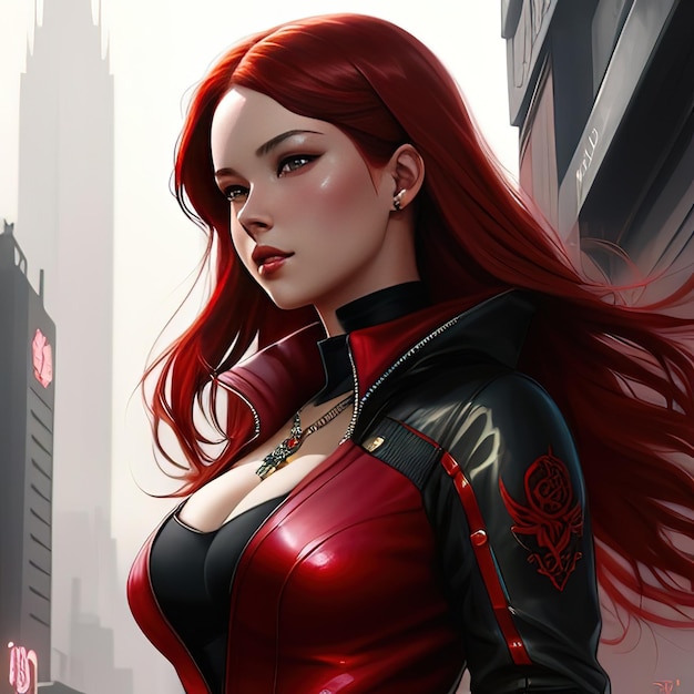 A woman with red hair and a black jacket with a red rose on the chest.