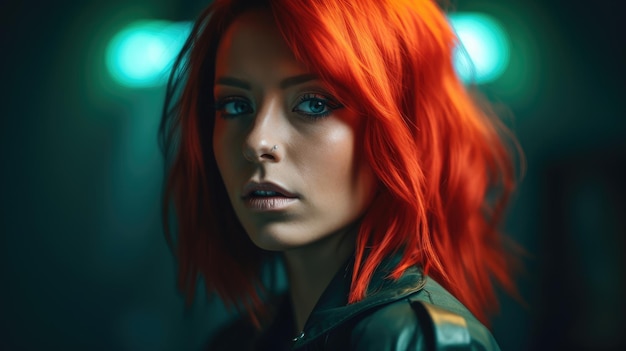 A woman with red hair and a black jacket