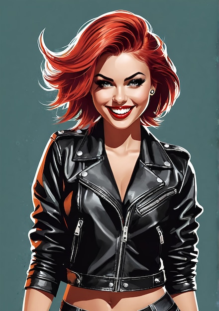 a woman with red hair and a black leather jacket