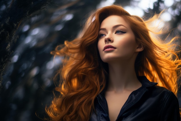 a woman with red hair in a black leather jacket