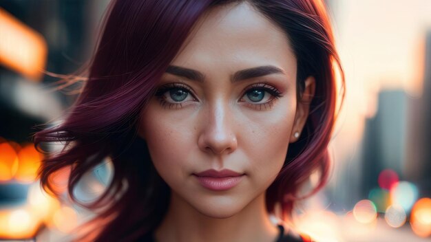 A woman with red hair and a black top looks into the camera.