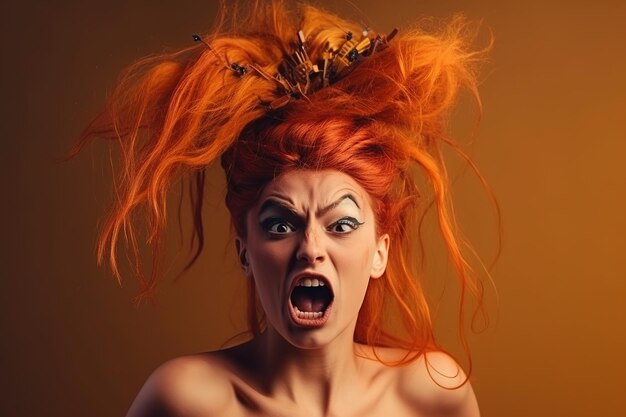 A woman with a red hair and a black and white face is screaming.