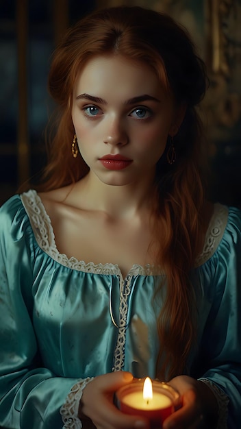 a woman with red hair and a blue dress with a white lace trim