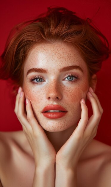 Photo a woman with red hair and blue eyes is posing for a picture