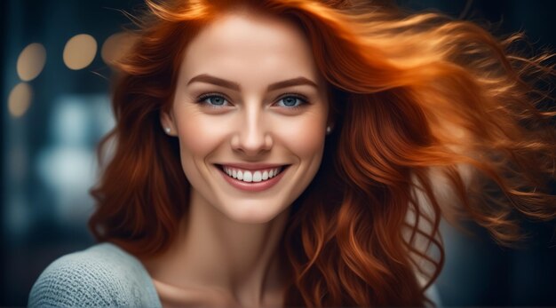 A woman with red hair and blue eyes is smiling and looking at the camera