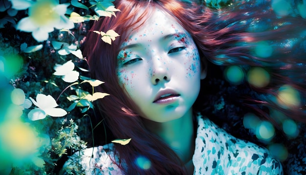 A woman with red hair and blue eyes lies in the grass.