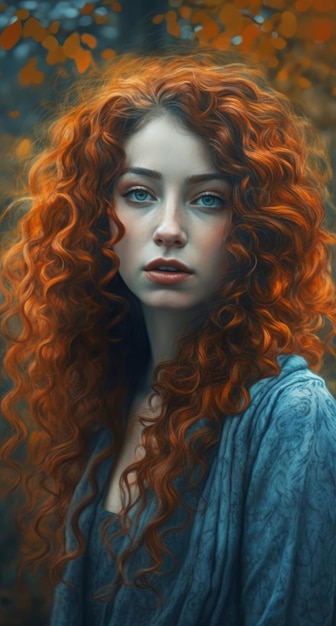 A woman with red hair and blue eyes looks at the camera.