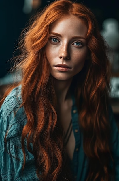 A woman with red hair and blue eyes looks at the camera.