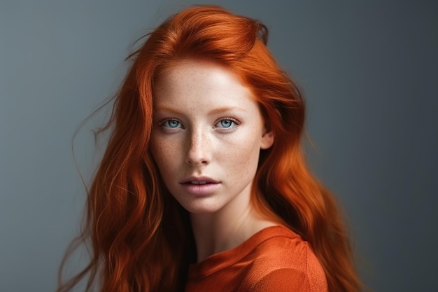 A woman with red hair and blue eyes looks at the camera.