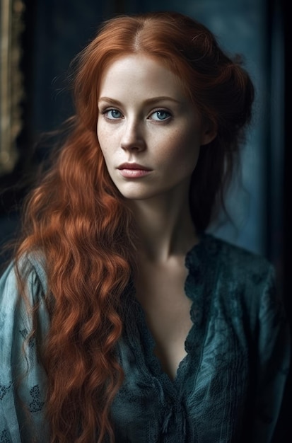 A woman with red hair and blue eyes looks into the camera