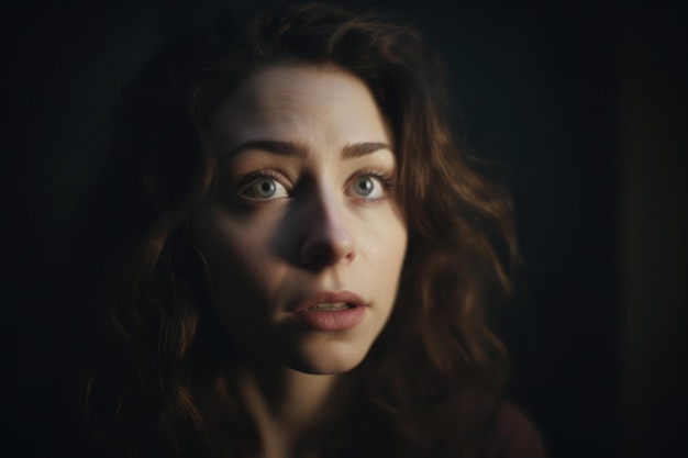 A woman with a red hair and blue eyes looks into the camera.